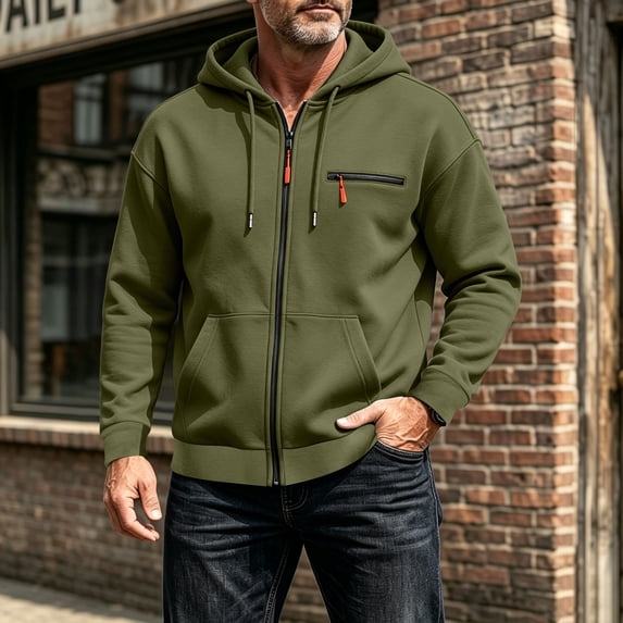 fnnxeal Mens Sweatshirts Zipper Long Sleeve Hoodie Fall Casual Solid Army Green Sweatshirts for Men Size 2XL