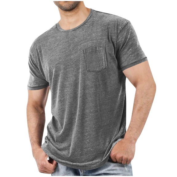 fnnxeal Mens T-Shirts Solid Shirt With Pocket Crew Neck Casual Short Sleeve Summer Dark Gray Tees for Men Size 2XL