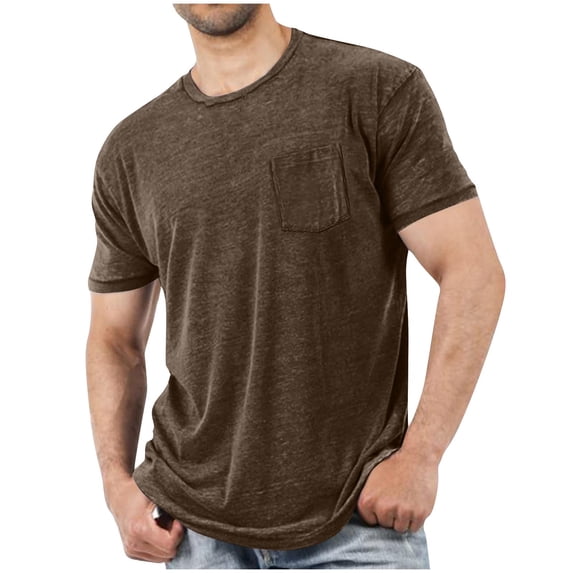 fnnxeal Mens T-Shirts Solid Shirt With Pocket Summer Short Sleeve Crew Neck Casual Brown Tees for Men Size 2XL