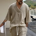 thumbnail image 1 of fnnxeal Mens V Neck Cable Knit Short Sleeve Top Khaki Loose Oversized Fit Breathable Wrinkle Resistant Polyester Casual Daily Streetwear Lounge ShirtSize M, 1 of 6