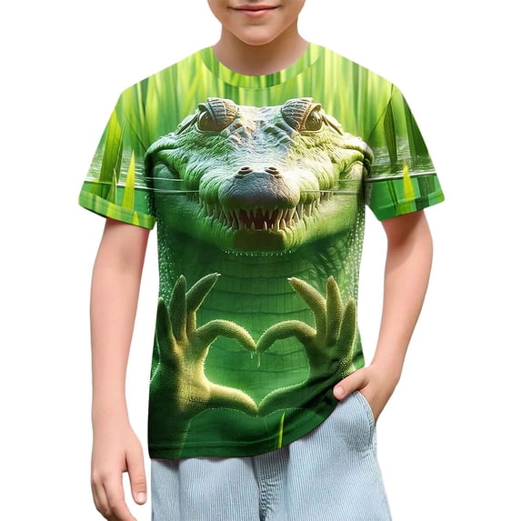 fnnxnal Boys Crocodile Graphic Tee Short Sleeve Crew Neck Kids Animal Print Shirt Multicolor,Size 11-12 T