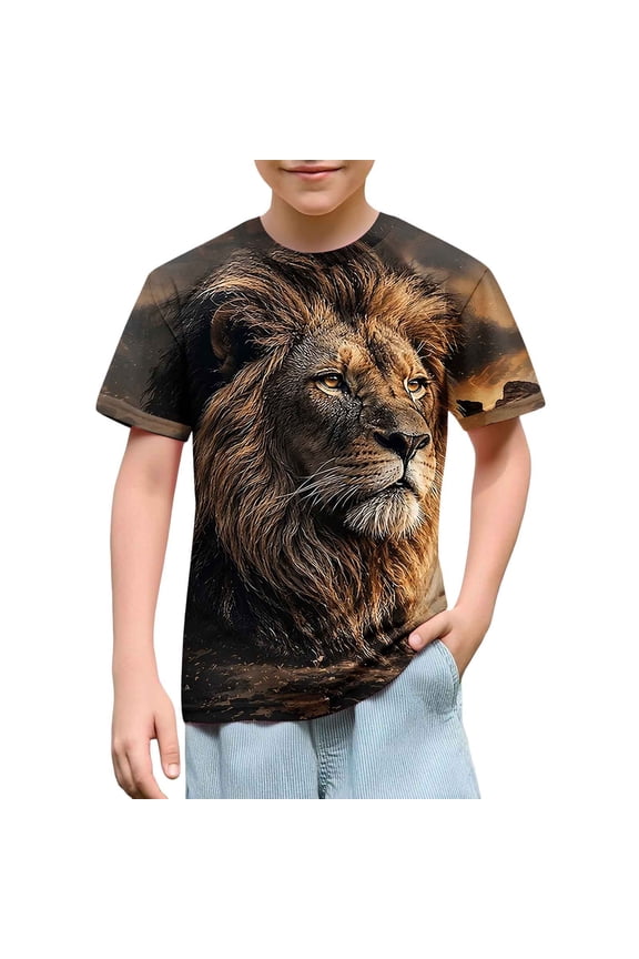 Boys Kids Lion Graphic Tee Short Sleeve Crew Neck Sublimation Print Multicolor Wild Animal Safari,Size 11-12 T