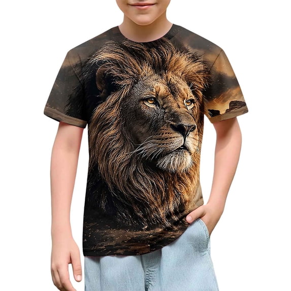 fnnxnal Boys Kids Lion Graphic Tee Short Sleeve Crew Neck Sublimation Print Multicolor Wild Animal Safari,Size 13-14 T