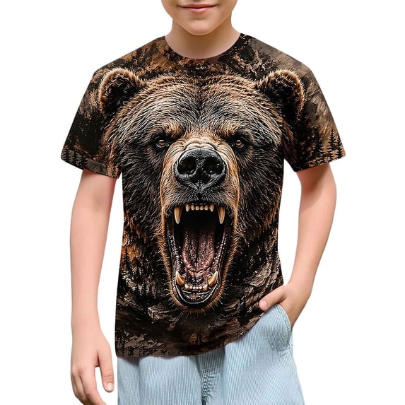fnnxnal Boys Roaring Grizzly Bear Forest Camo Graphic Tee Short Sleeve Crewneck Multicolor,Size 4-5 T
