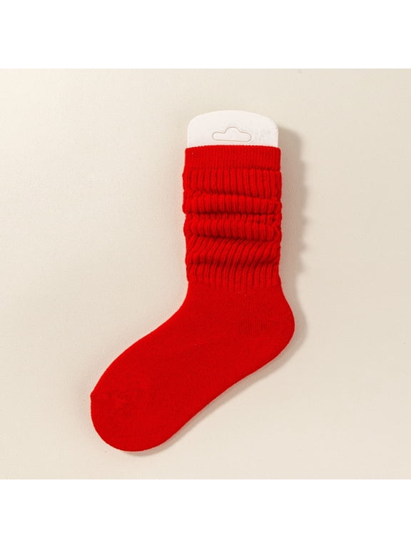 Cotton Slouch Scrunch Crew Socks for Girls - Ribbed Stacked Mid-Calf, Red, 1 Pair,Size 2 T