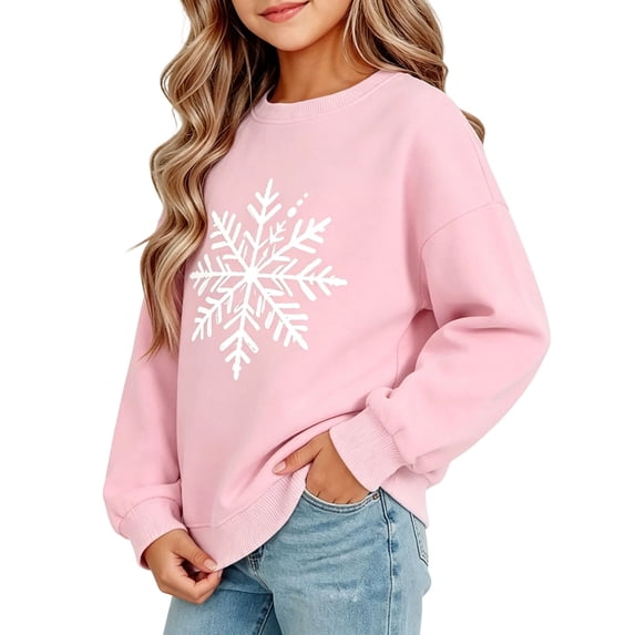 fnnxnal CottonGirls Pink Oversized Snowflake Print Crew Neck Sweatshirt Long Sleeve,Size 3-4T