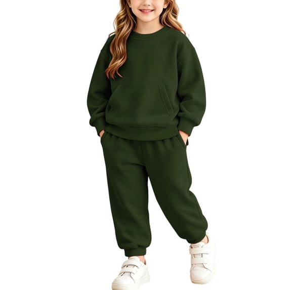 fnnxnal Girls 2-Piece Sweatsuit Set with Crewneck Top & Jogger Pants, Soft Casual Loungewear for School, Play, Everyday - Green,Size 6 T