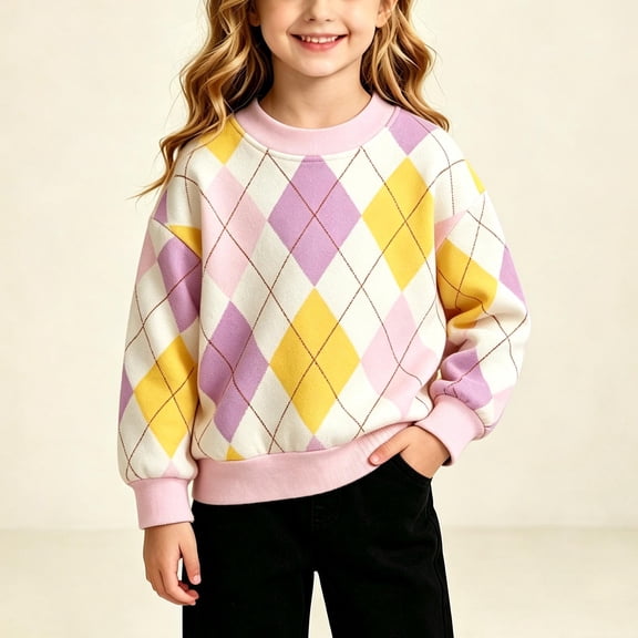 fnnxnal Girls Argyle Sweatshirt Crew Neck Long Sleeve Pullover Top, Polyester Blend Casual Top, Multicolor, Size 0-12 Years,Size 7-8T