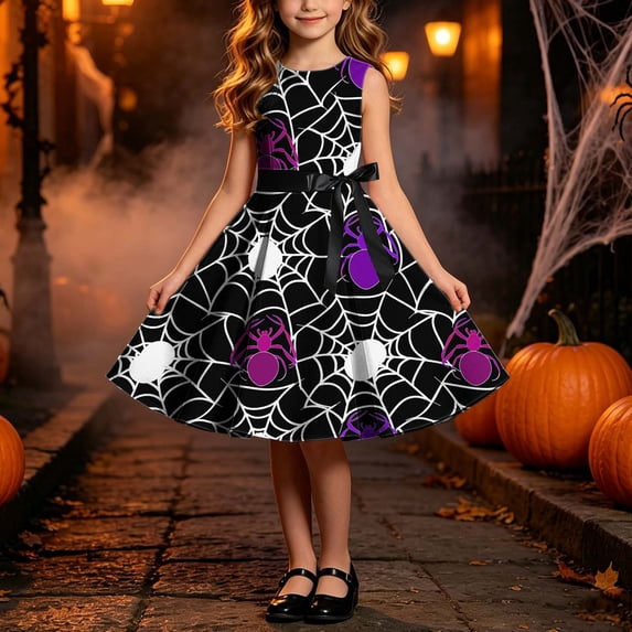 fnnxnal Girls Black Spiderweb Hall-oween Dress - Sleeveless A-Line Costume with Bow Belt for 5-12 Years,Size 13 T