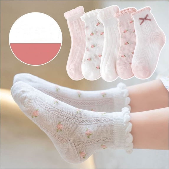 fnnxnal Girls Cotton Ankle Socks Breathable Ruffle Floral Bow 5 Pairs White,Size 9 T