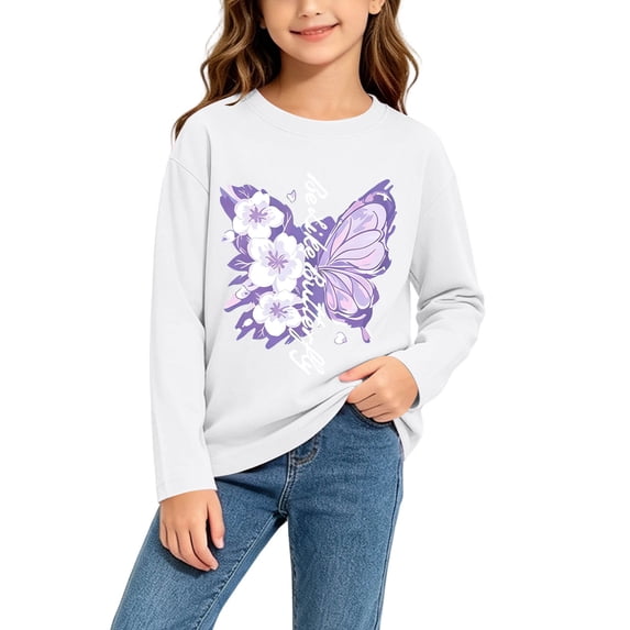 fnnxnal Girls Cotton Long Sleeve T-Shirt, White Butterfly Floral Print Crew Neck Tee, Kids Girls Casual Top 2-13 Years,Size 9-10 T