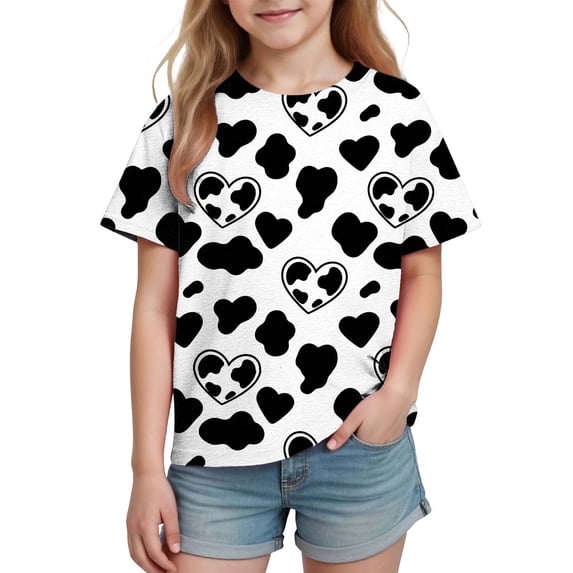 fnnxnal Girls Cow Print Heart Graphic Short Sleeve Crew Neck T-Shirt, Black and White All Over Print Tee for Kids,Size 4 T