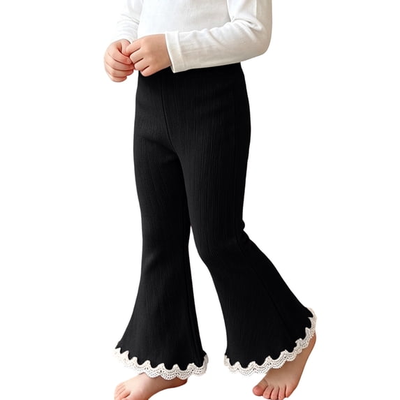fnnxnal Girls Flare Pants Ribbed Knit Kids Stretchy High Waist Bell Bottom Lace Trim Black,Size 3 T