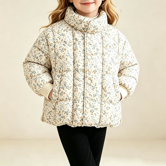 fnnxnal Girls Floral Quilted Puffer Jacket Blue Winter Coat for Kids Ages 2-10,Size 9-10T