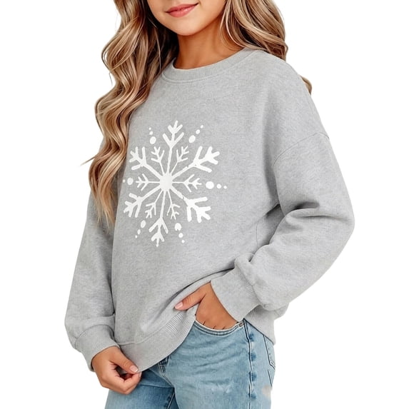 fnnxnal Girls Gray Snowflake Print Oversized Crew Neck Sweatshirt CottonLong Sleeve,Size 9-10T