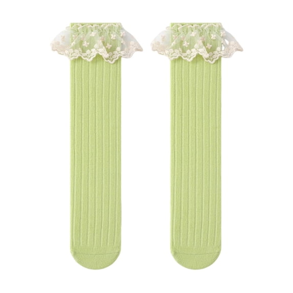 fnnxnal Girls Green Lace Ruffle Knee High Socks - Breathable Cotton, One Size,Size Free Size