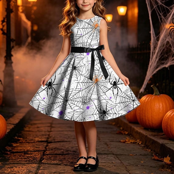 fnnxnal Girls Hall-oween Spider Web Sleeveless A-Line Costume Dress with Satin Belt, White,Size 5 T
