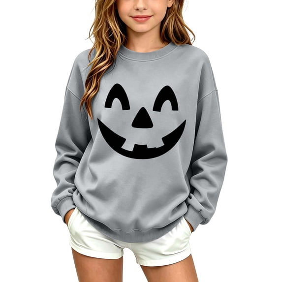 fnnxnal Girls Hall-oween Sweatshirt, Gray Pumpkin Face Crewneck Top for Kids 2-13 Years,Size 3-4 T