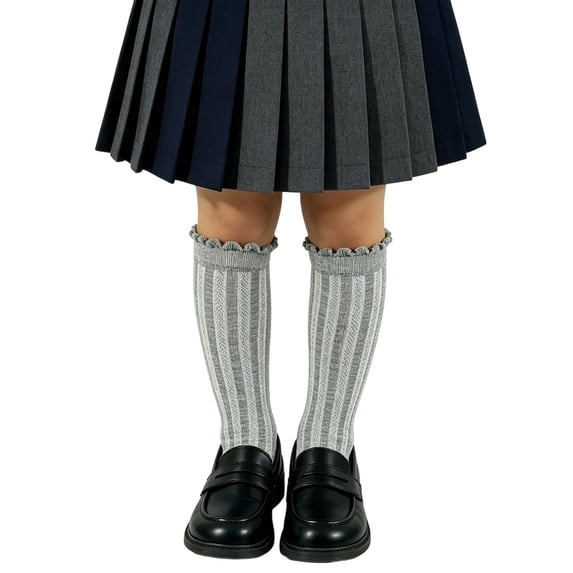 fnnxnal Girls Knee High Cotton Socks, Solid Color Ruffle Ribbed School Uniform Socks for Kids, Gray,Size 5-6T