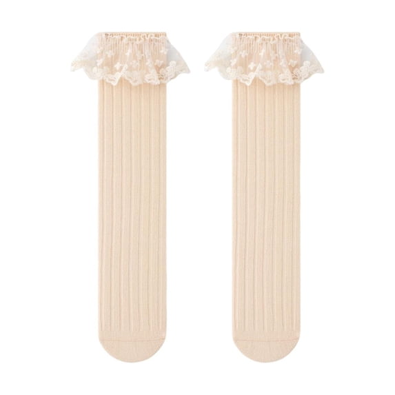 fnnxnal Girls Lace Ruffle Knee High Socks, Breathable Cotton, Soft Beige, One Size,Size Free Size