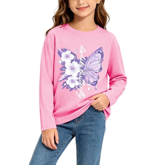 fnnxnal Girls Long Sleeve Cotton Tee, Pink Butterfly Floral Print T-Shirt, Crew Neck Casual Top for Kids Girls 2-13 Years,Size 2-3 T