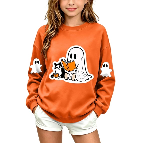 fnnxnal Girls Orange Hall-oween Sweatshirt Ghost Cat Graphic Long Sleeve Pullover Crew Neck Casual Fall Top for Kids,Size 7-8 T