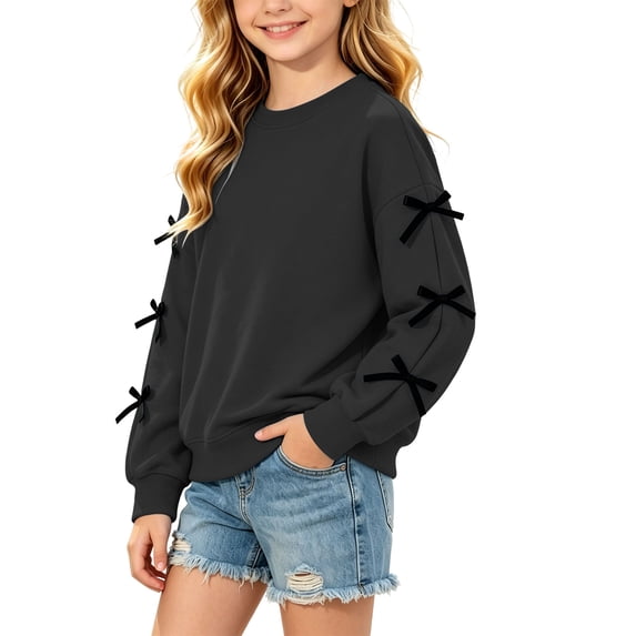 fnnxnal Girls Oversized Bow Detail Crewneck Sweatshirt - Long Sleeve Pullover Top in Black,Size 11-12T