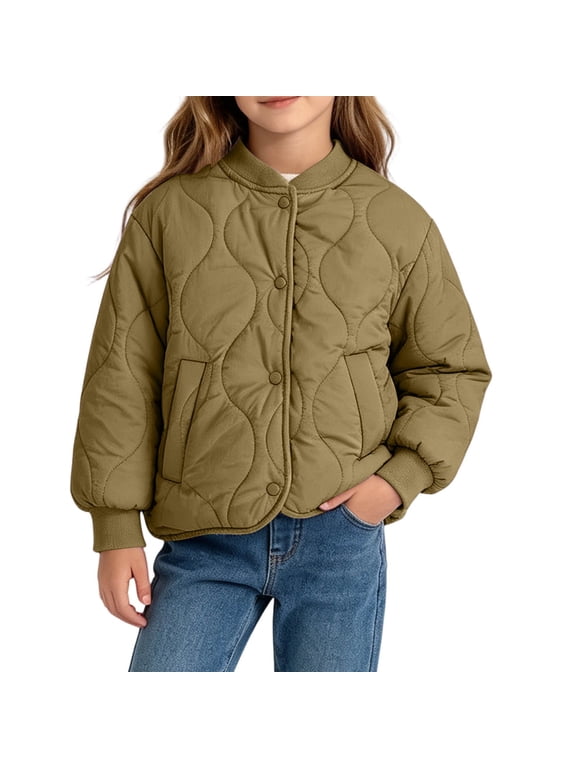 Girls Quilted Bomber Jacket Green Lightweight Nylon Snap Button Kids Outerwear 1-13 Years,Size 1-2 T