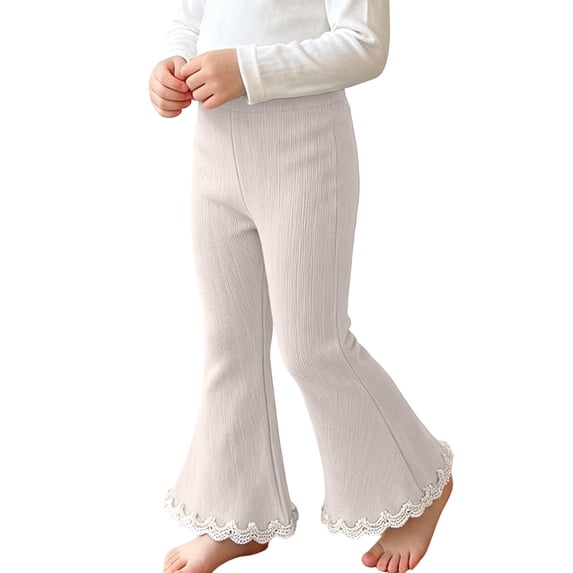 fnnxnal Girls Ribbed Knit Flare Pants Kids Stretchy High Waist Bell Bottom Lace Trim,Size 10 T