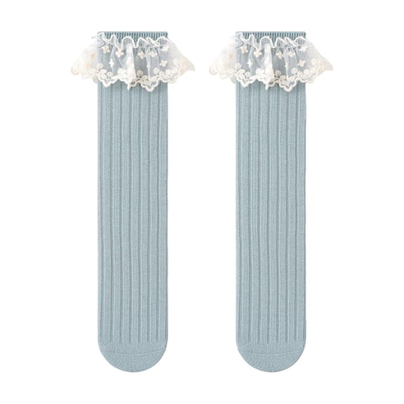 fnnxnal Girls Ruffle Lace Knee High Socks, Light Blue, Breathable Cotton, One Size,Size Free Size