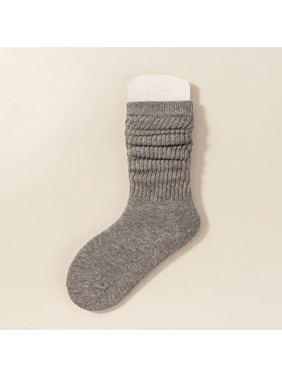 Girls Slouch Stacked Crew Socks - Cotton Ribbed Scrunch Mid-Calf, Dark Gray, 1 Pair,Size 2 T