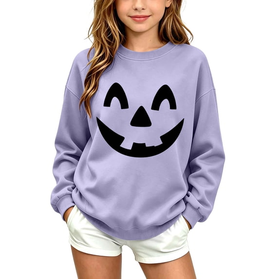 fnnxnal Hall-oween Sweatshirt for Girls, Purple Pumpkin Face Crewneck Pullover Long Sleeve Top, Kids 2-13 Years Fall Outfit.,Size 9-10 T