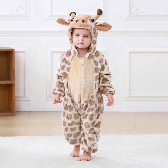 fnnxnal Khaki Kids Girl Giraffe Costume Hooded Jumpsuit Zipper Animal Print Safari Outfit Hall-oween,Size 0-6 Months