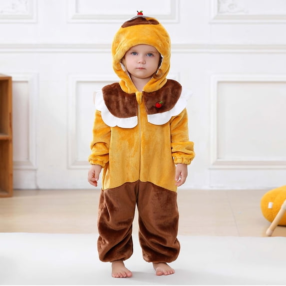 fnnxnal Kids Girl Brown Pancake Costume Hooded Flannel Jumpsuit for Hall-oween,Size 19-24 Months