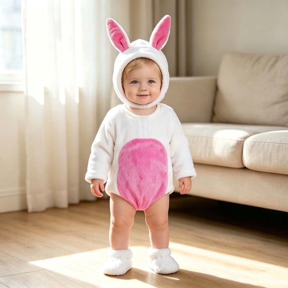 fnnxnal Kids Girl Bunny Costume, White Kids Animal Romper Bodysuit with Hooded Ears & Footies for Hall-oween Easter,Size 3-6 Months