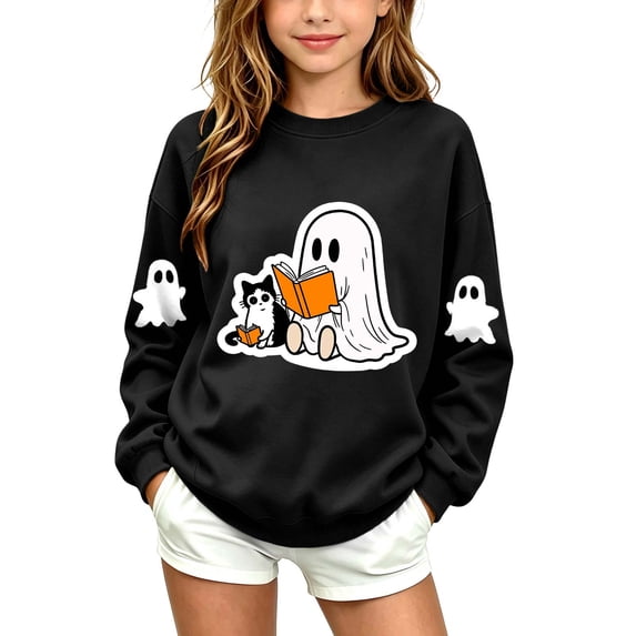 fnnxnal Kids Girls Black Hall-oween Sweatshirt Ghost Cat Graphic Long Sleeve Pullover Crew Neck Fall Casual Top,Size 12-13 T