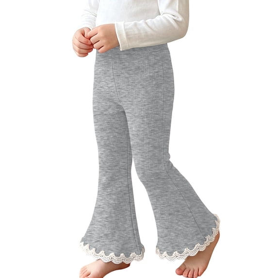 fnnxnal Kids Girls Flare Pants Ribbed Knit High Waist Stretchy Bell Bottom Lace Trim Gray,Size 8 T