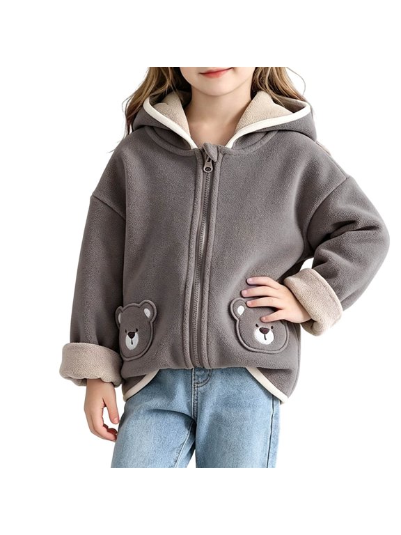 Kids Girls Gray Bear Ear Hooded Jacket, Lightweight Fleece Lined Zip-Up Hoodie, Cute Bear Design Kids Outerwear,Size 0-1 T