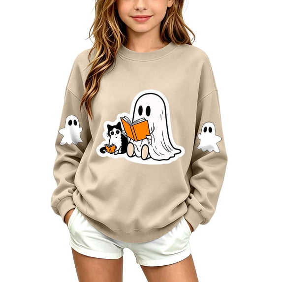 fnnxnal Kids Girls Hall-oween Ghost Cat Graphic Long Sleeve Crew Neck Pullover Sweatshirt Fall Casual Top Beige,Size 3-4 T