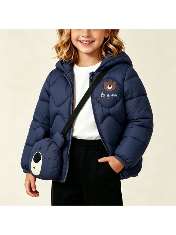 Kids Girls Hooded Quilted Puffer Jacket with Matching Bag, Lightweight Zip Up Winter Coat, Purple, 1-8 Years,Size 2-3T