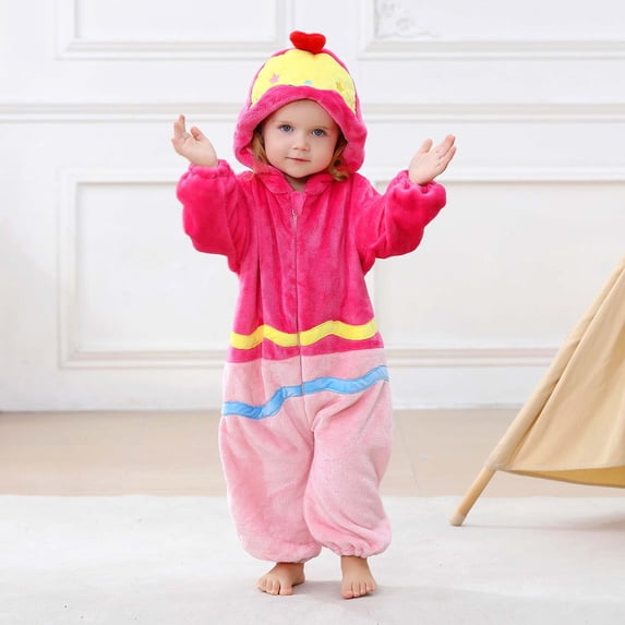 fnnxnal Kids Girls Hot Pink Flannel Hooded Zip Romper Footless Long Sleeve Jumpsuit for Kids Fall Winter,Size 7-12 Months