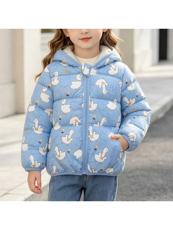 Kids Girls Lightweight Hooded Puffer Jacket with Blue Duck Print, Sizes 12M-5T,Size 3-4 T
