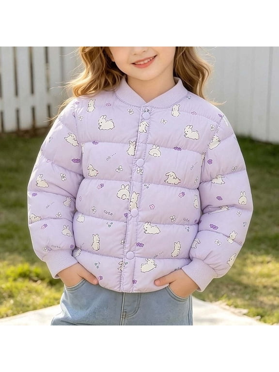 Kids Girls Lightweight Quilted Puffer Bomber Jacket Bunny Print Purple Snap Front,Size 2-3 T