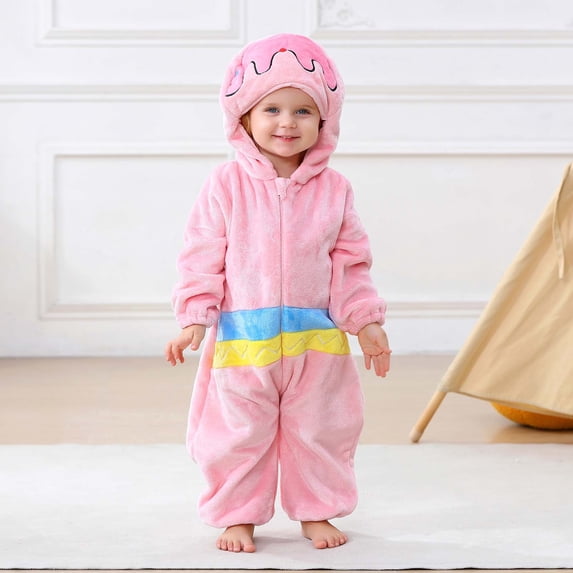 fnnxnal Kids Girls Pink Cartoon Animal Hooded Flannel Onesie Zip Front Jumpsuit Costume,Size 7-12 Months