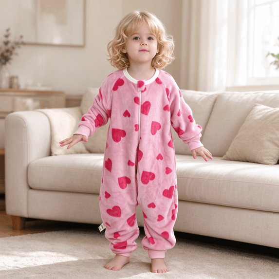 fnnxnal Kids Girls Pink Heart Print Flannel Zip Front Jumpsuit Footless Long Sleeve,Size 1-2 T