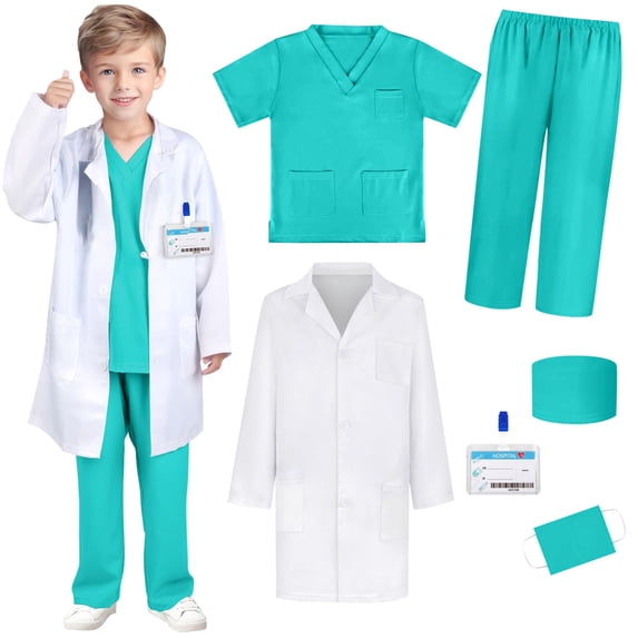 fnnxnal Kids Green Doctor Costume Set for Girls - 6-Piece Scrubs & Lab Coat, Role Play,Size 3-4T