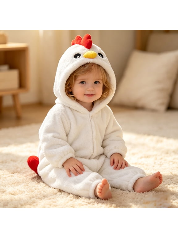 Kids Kids Girls White Plush Chicken Hooded Romper Costume with Front Zipper,Size 18 Months
