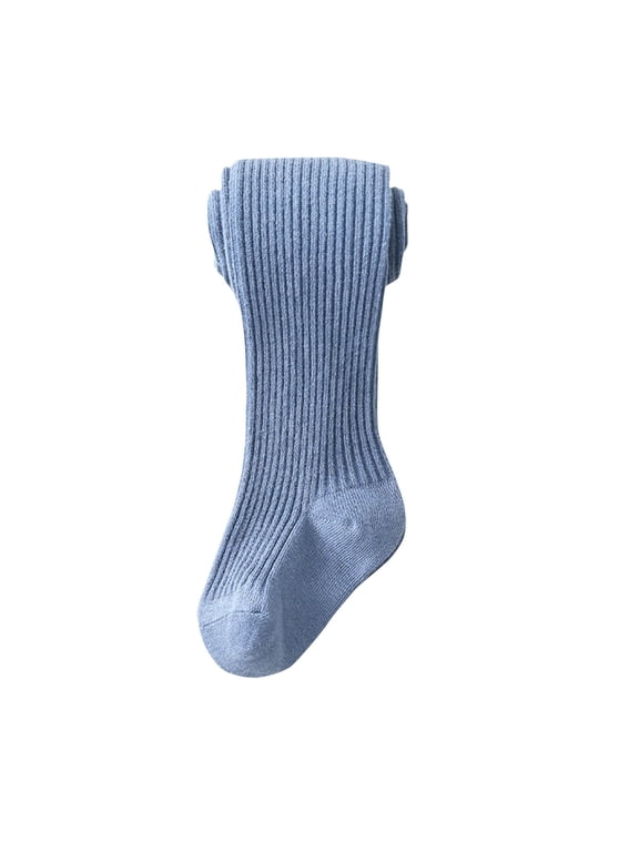 Kidss Cotton Ribbed Footed Tights for Girls, Light Blue, Stretchy School Uniform,Size 4-5T