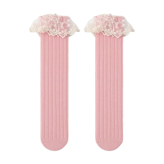 fnnxnal Knee High Lace Ruffle Socks for Girls, Pink, Breathable Cotton, One Size,Size Free Size