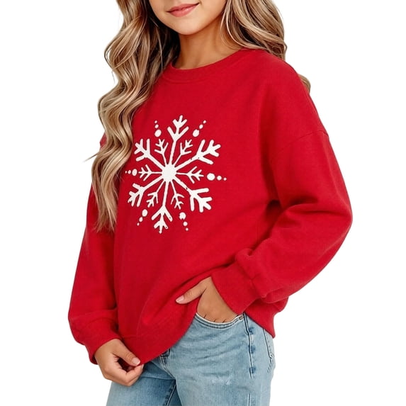 fnnxnal Long Sleeve Girls Red Snowflake Print Oversized Crew Neck Sweatshirt Cotton,Size 3-4T